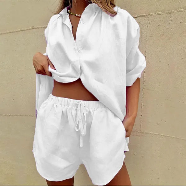 Esmiralda Women's Button-Up Shorts Two-Piece Set in white linen, front view