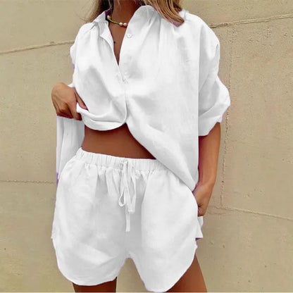 Esmiralda Women's Button-Up Shorts Two-Piece Set in white linen, front view