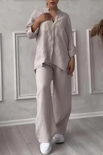 Grazyna Women's Button-Up Wide Leg Two-Piece Set in apricot beige, front view