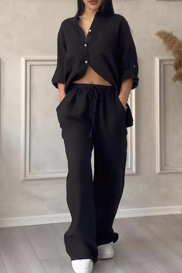 Grazyna Women's Button-Up Wide Leg Two-Piece Set in black linen, front view