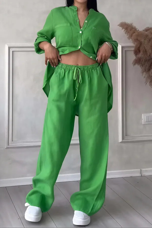 Grazyna Women's Button-Up Wide Leg Two-Piece Set in bright green, front view