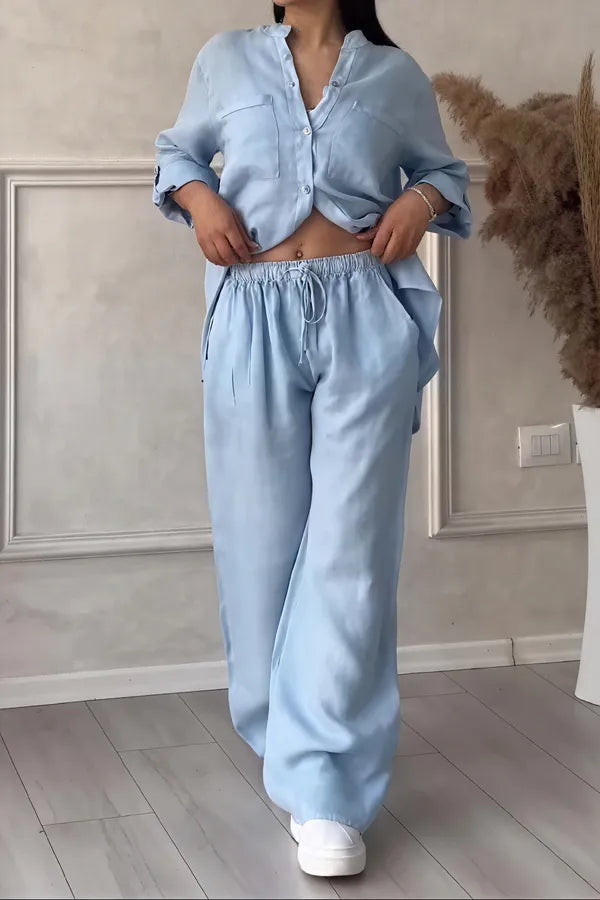 Grazyna Women's Button-Up Wide Leg Two-Piece Set in light blue, front view