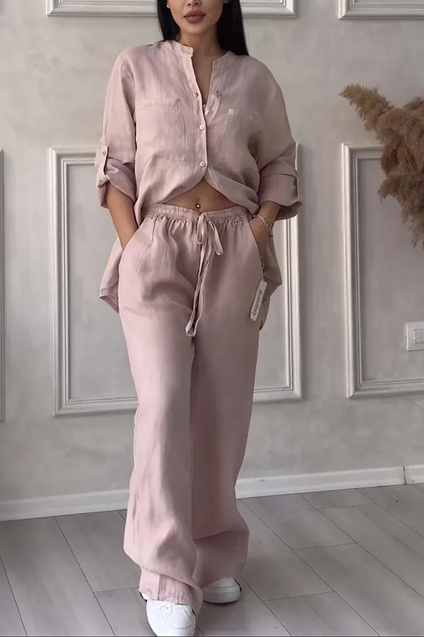 Grazyna Women's Button-Up Wide Leg Two-Piece Set in light pink, front view