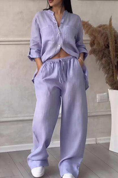 Grazyna Women's Button-Up Wide Leg Two-Piece Set in lilac purple, front view