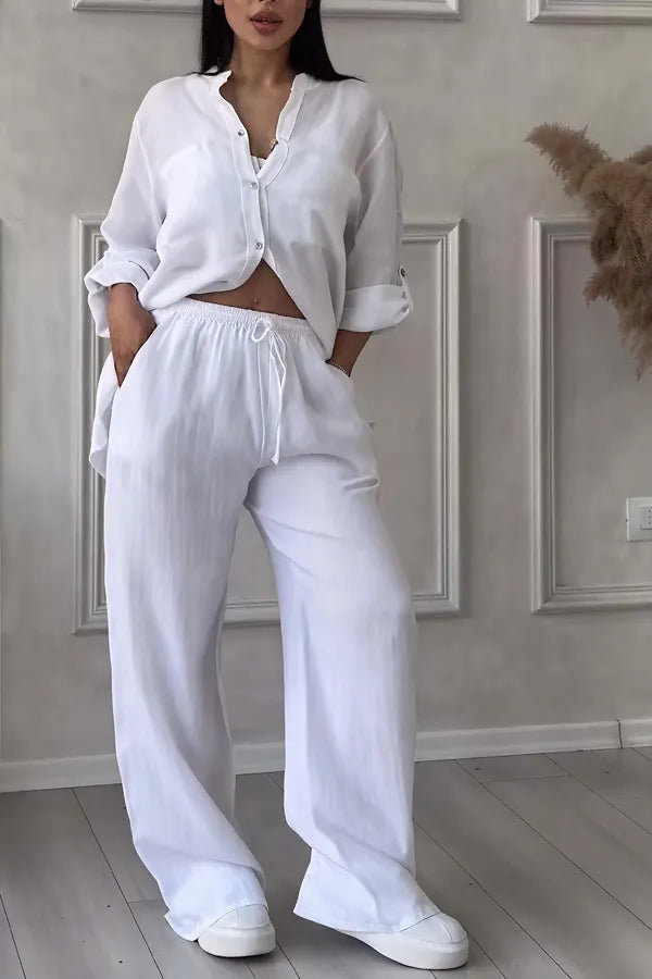 Grazyna Women's Button-Up Wide Leg Two-Piece Set in white linen, front view