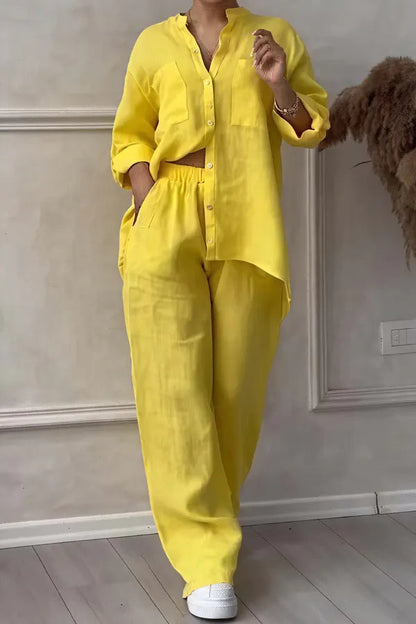 Grazyna Women's Button-Up Wide Leg Two-Piece Set in yellow linen, front view