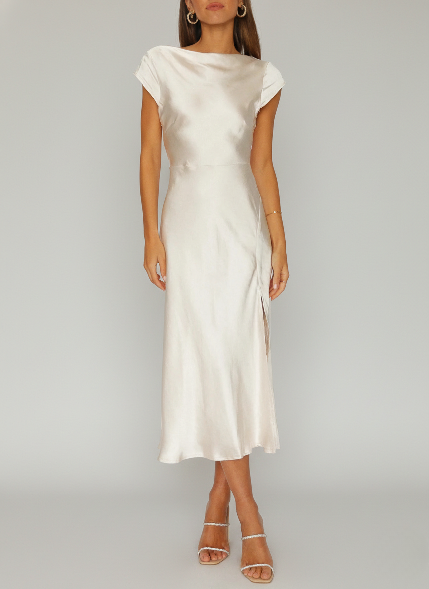 Beige Women's Midi Slip Dress - Shane, satin cowl bodice with cap sleeves, front view on model
