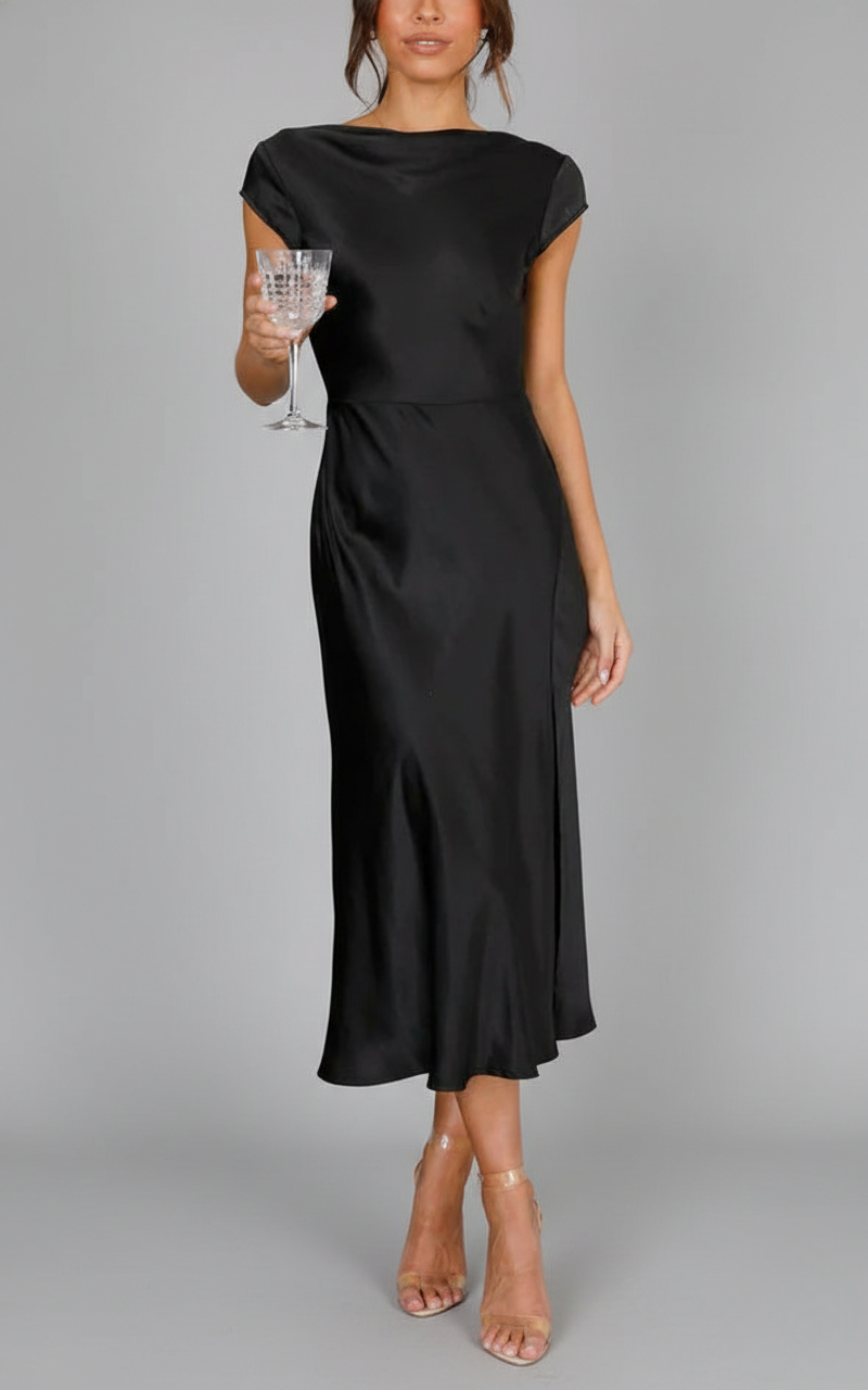 Black Women's Midi Slip Dress - Shane, satin cowl bodice with cap sleeves, front view on model