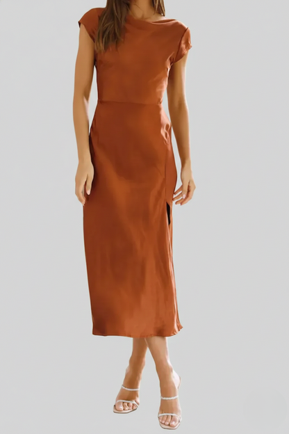 Rust Women's Midi Slip Dress - Shane, satin bias cut with side slit, front view on model