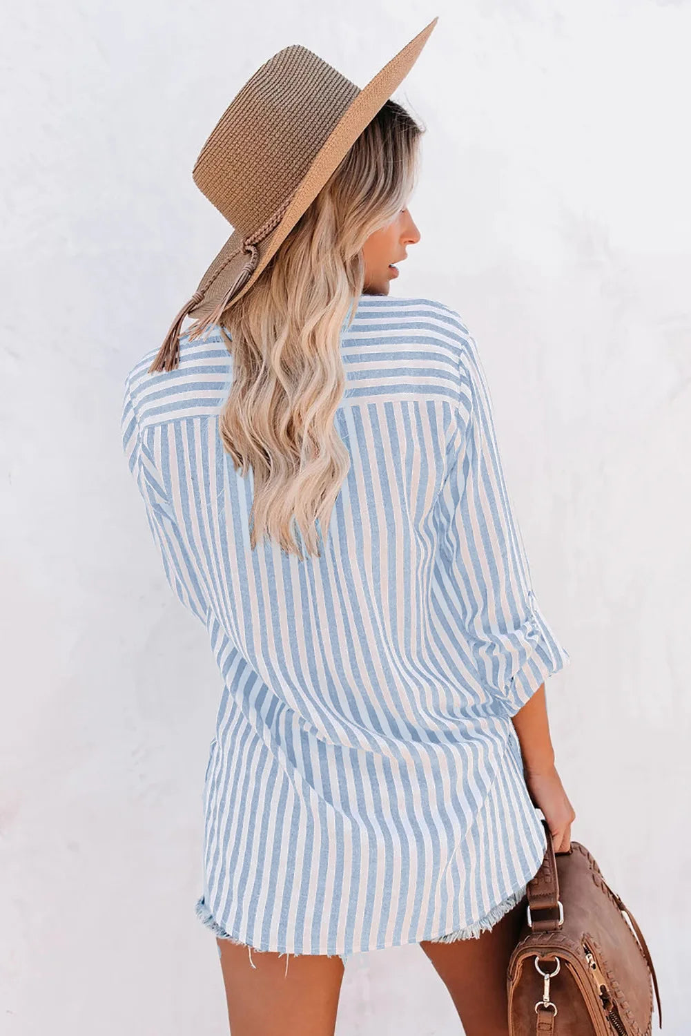 Women's Casual Chic Striped Blouse in Blue, back view of the striped fabric – Clémence