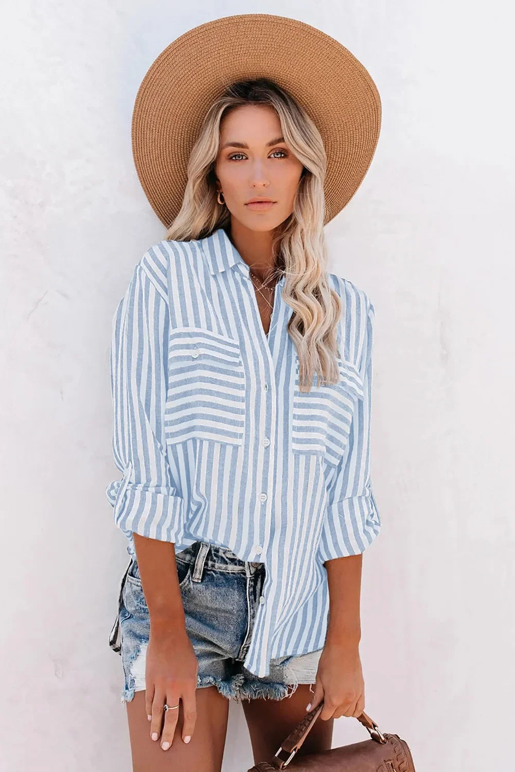 Women's Casual Chic Striped Blouse in Blue, full front view with straw hat – Clémence