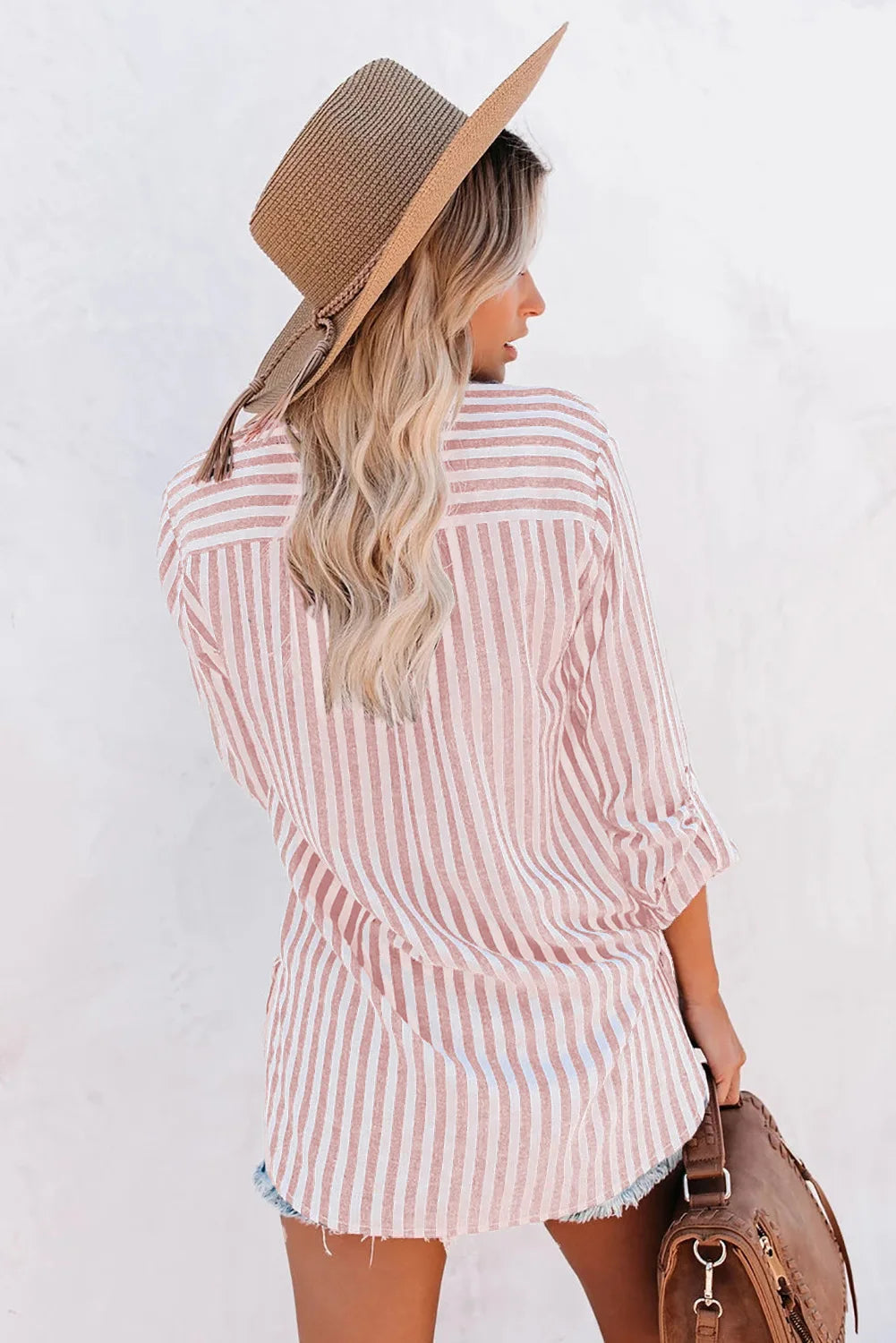Women's Casual Chic Striped Blouse in Pink, back view showing the relaxed fit – Clémence