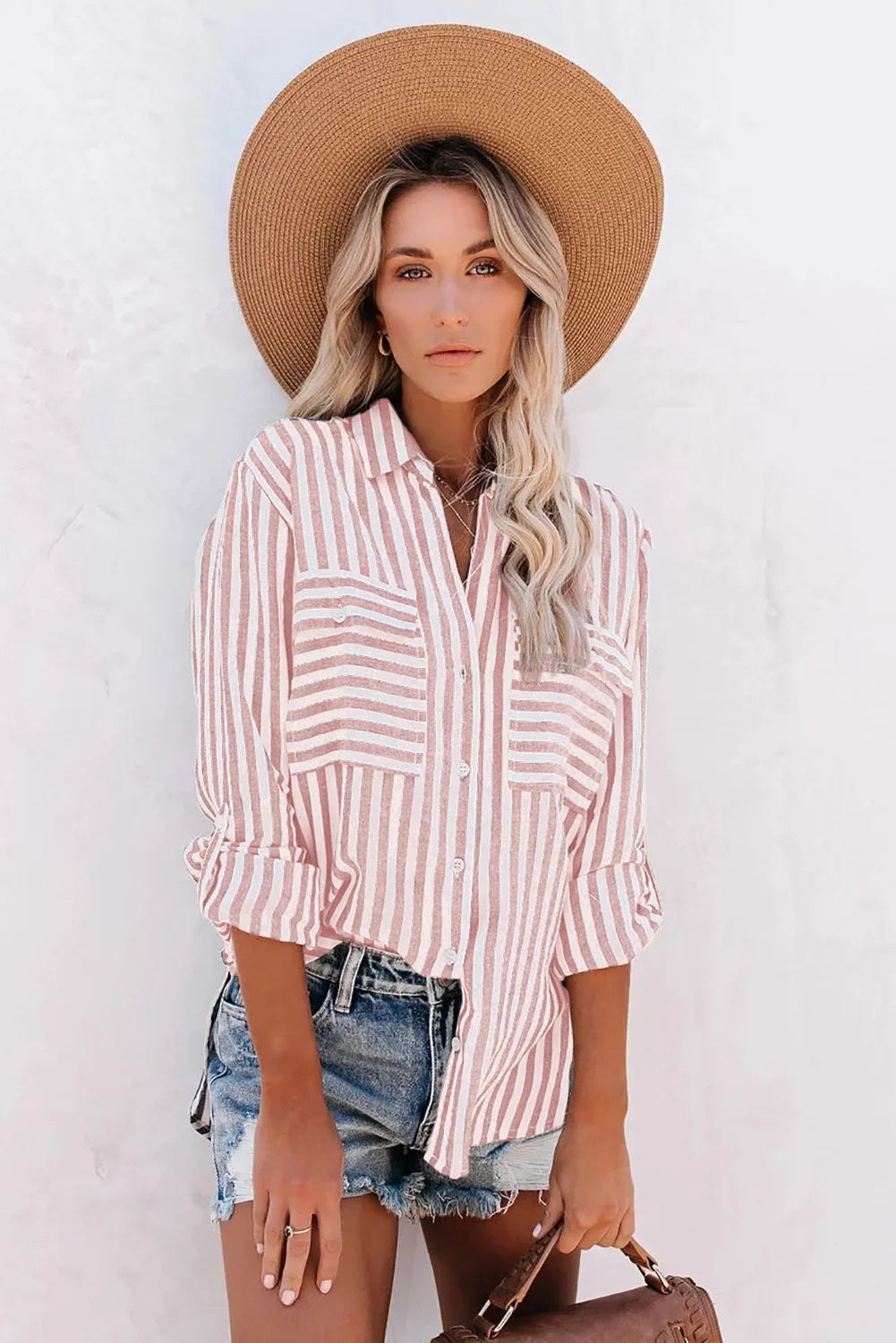 Women's Casual Chic Striped Blouse in Pink, full front view on model – Clémence