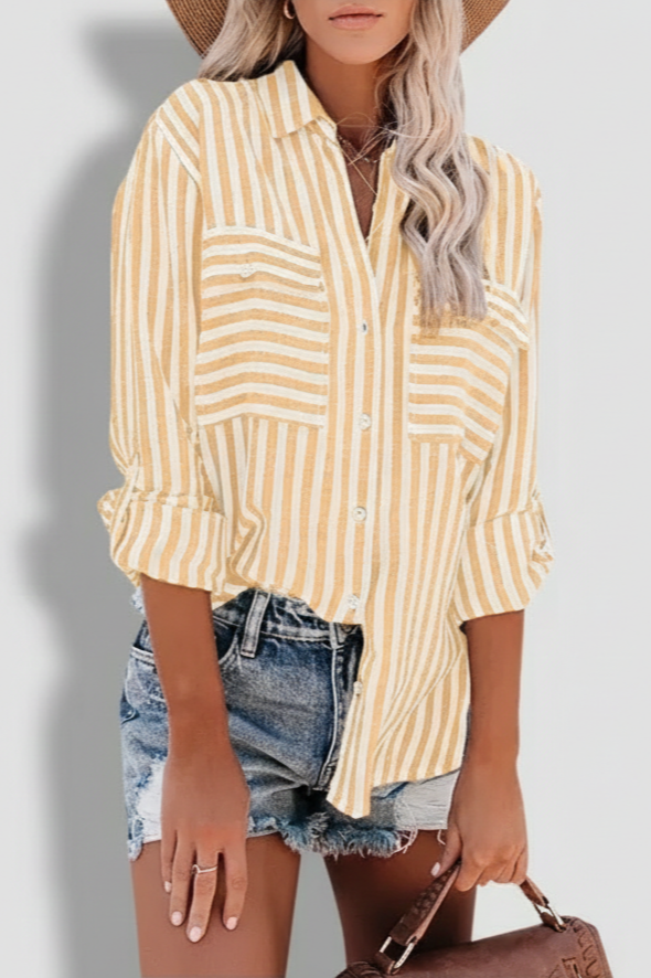 Women's Casual Chic Striped Blouse in Yellow, front view worn over denim shorts – Clémence