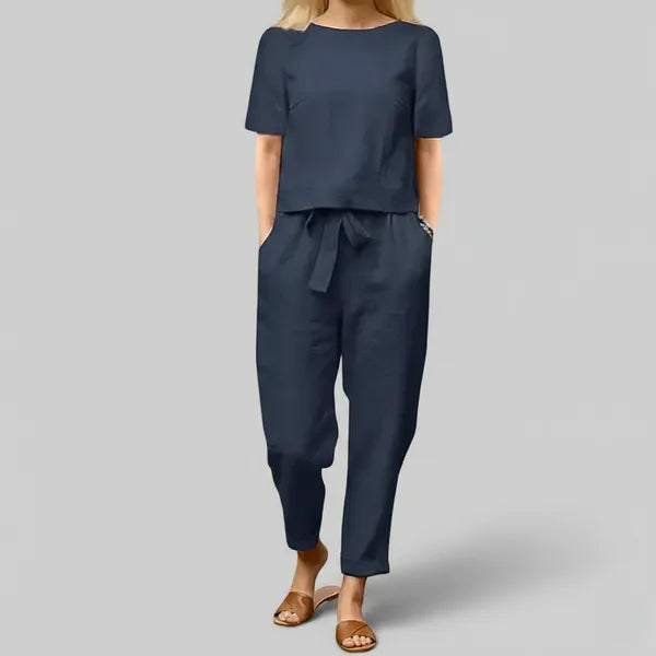 Shiela women's casual summer lounge jumpsuit in blue, full front view on model