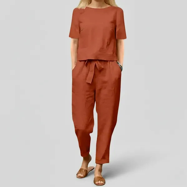 Brown Shiela women's casual summer lounge jumpsuit with tie waist, front view