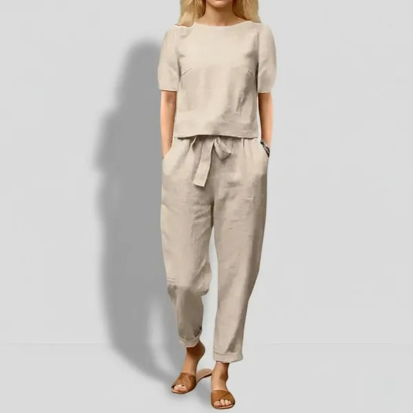 Khaki Shiela women's casual summer lounge jumpsuit, front view on the model
