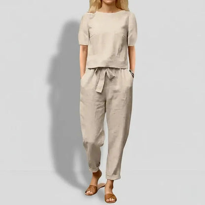Khaki Shiela women's casual summer lounge jumpsuit, front view on the model