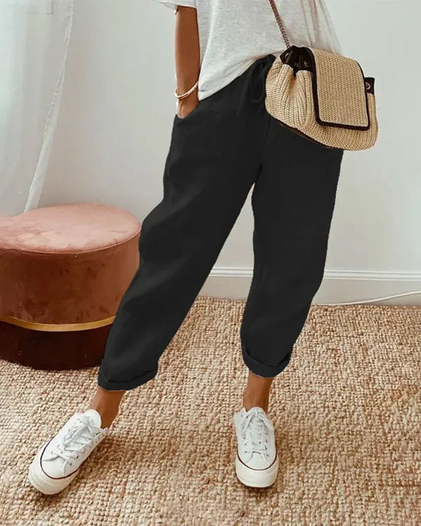 Black Coastal Tapered Lounge Pants front view with elastic drawstring waistband
