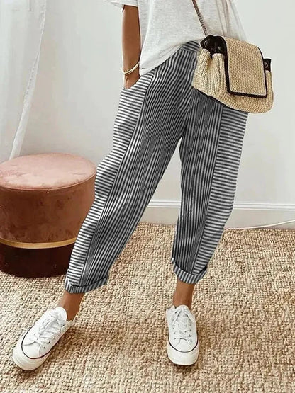 Black and White Striped Coastal Tapered Lounge Pants front view with cuffed ankle