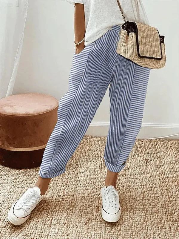Blue and White Striped Coastal Lounge Pants front view with drawstring waist