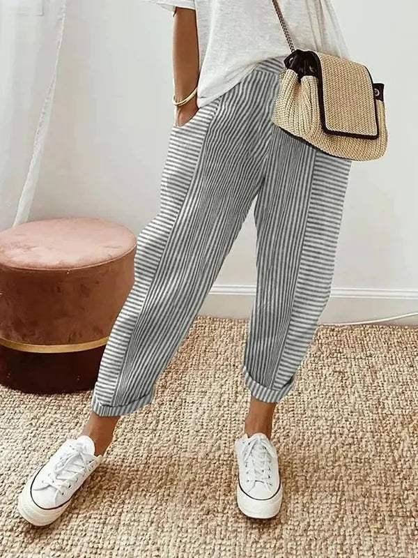 Gray and White Striped Coastal Lounge Pants front view with rolled cuff detail