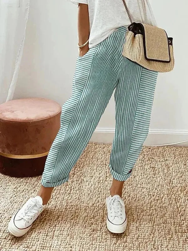 Green and White Striped Coastal Lounge Pants front view with tapered cropped leg