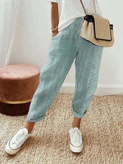 Green and White Striped Coastal Lounge Pants front view with tapered cropped leg