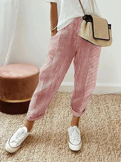 Red and White Striped Coastal Lounge Pants front view with cuffed ankle hem