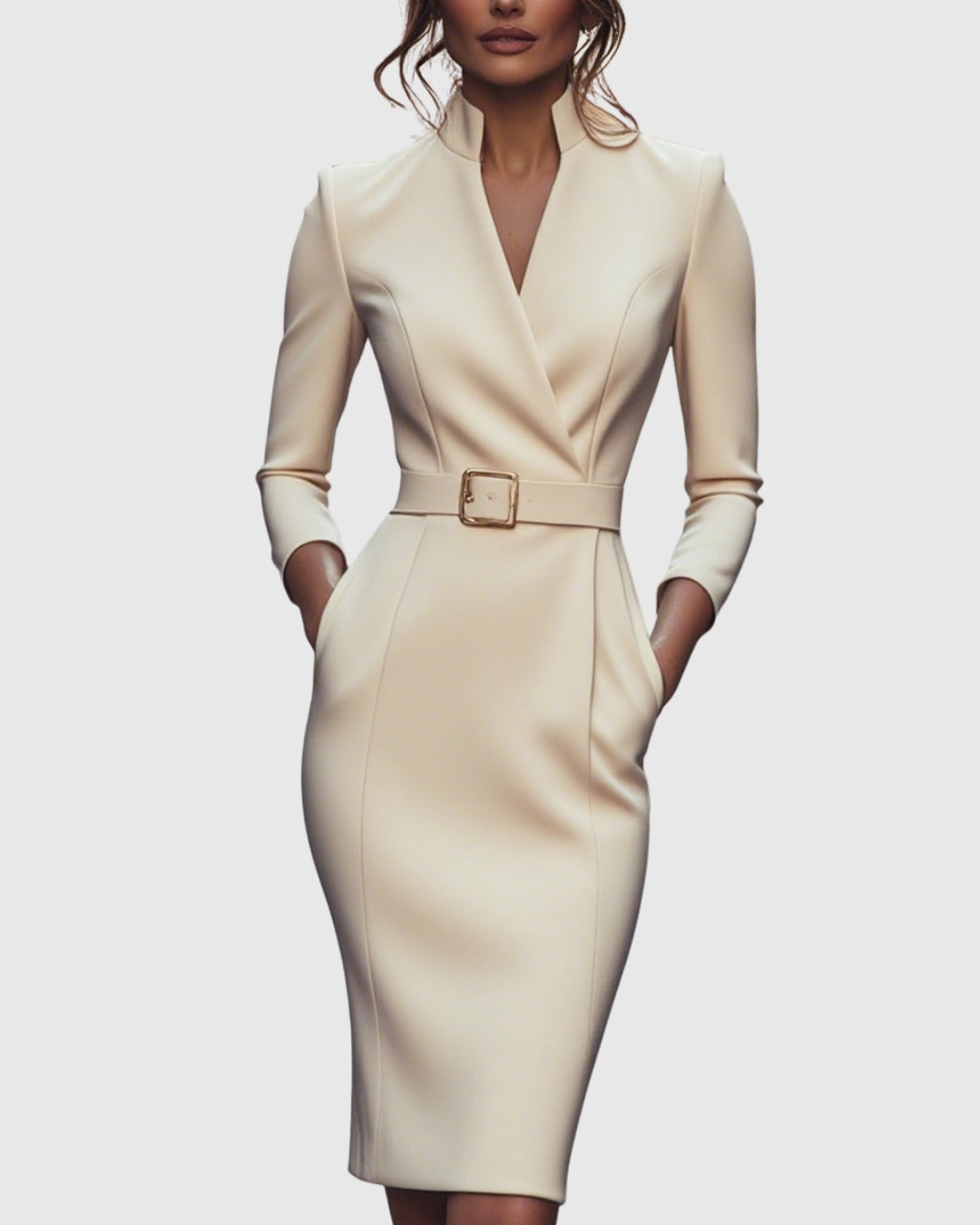 Camille women's cocktail bodycon midi dress in apricot, front view on model