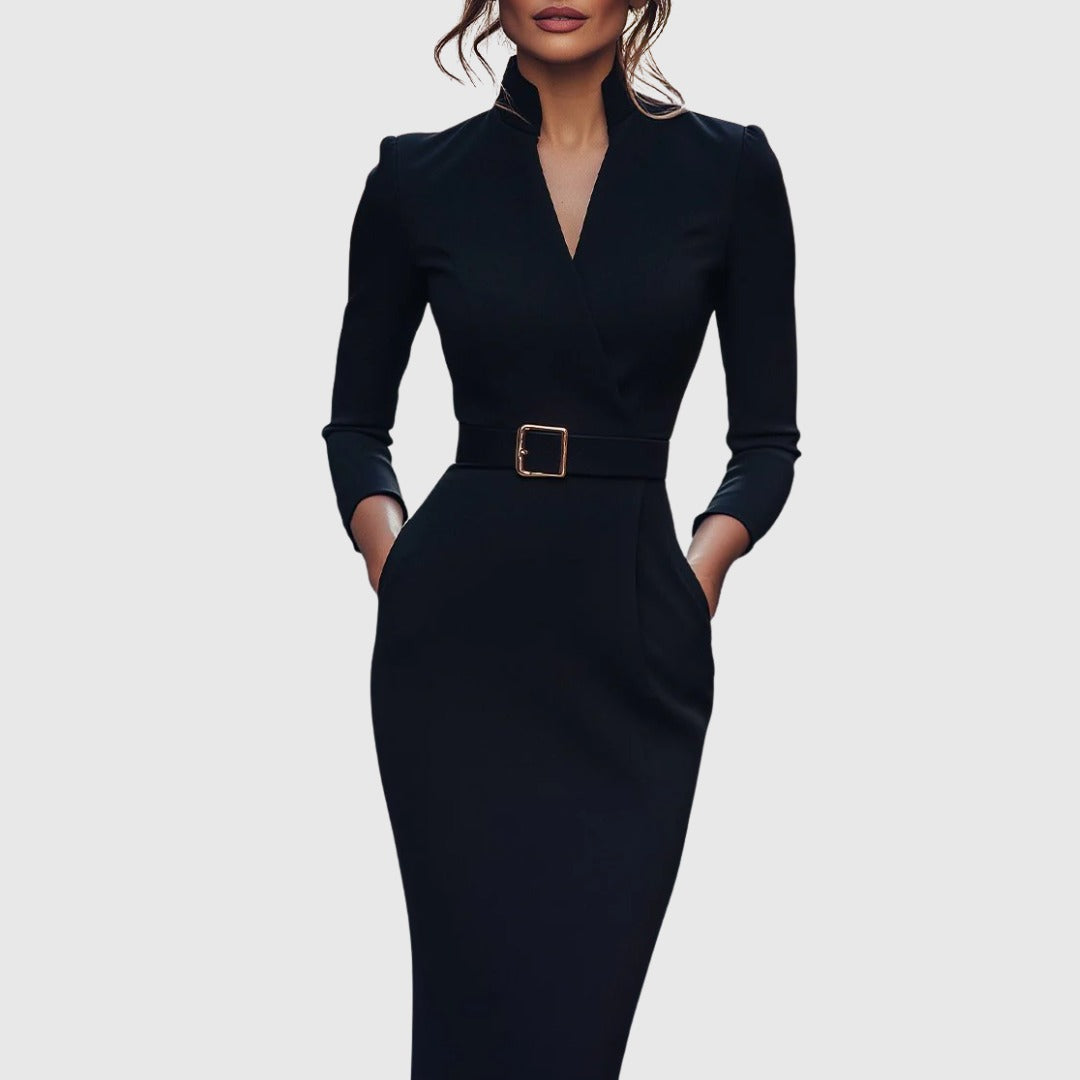 Camille women's cocktail bodycon midi dress in black, cropped front view on model