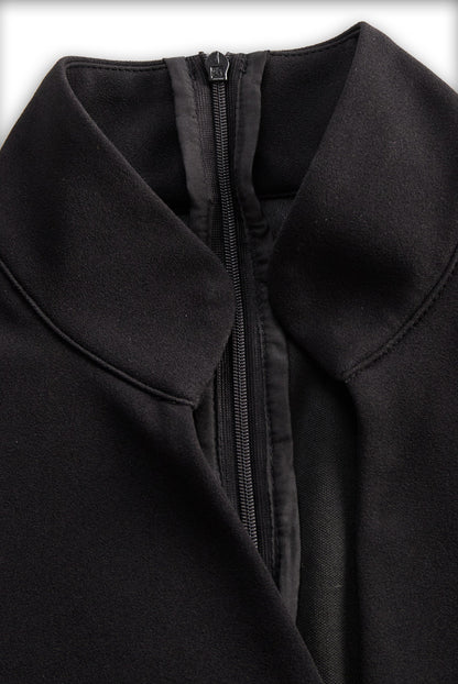 Detail of the collar and back zip of the Camille women's black bodycon midi dress