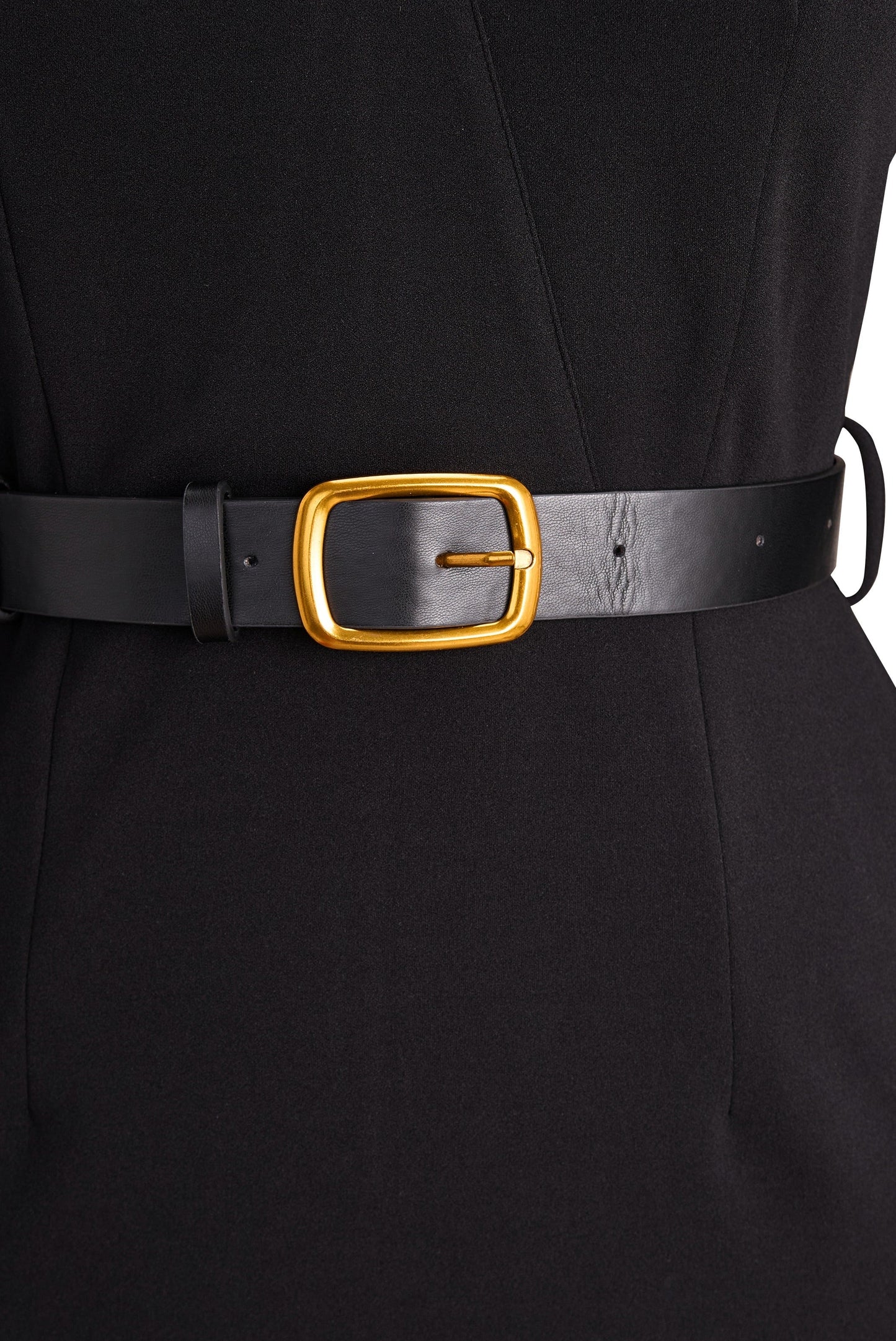 Gold buckle belt detail on the Camille women's black cocktail bodycon midi dress