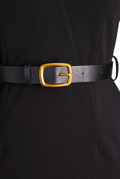 Gold buckle belt detail on the Camille women's black cocktail bodycon midi dress