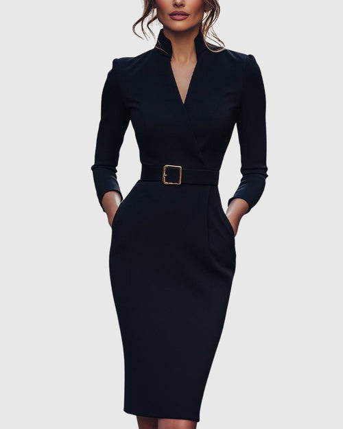 Black Camille women's cocktail bodycon midi dress, full-length front view on model