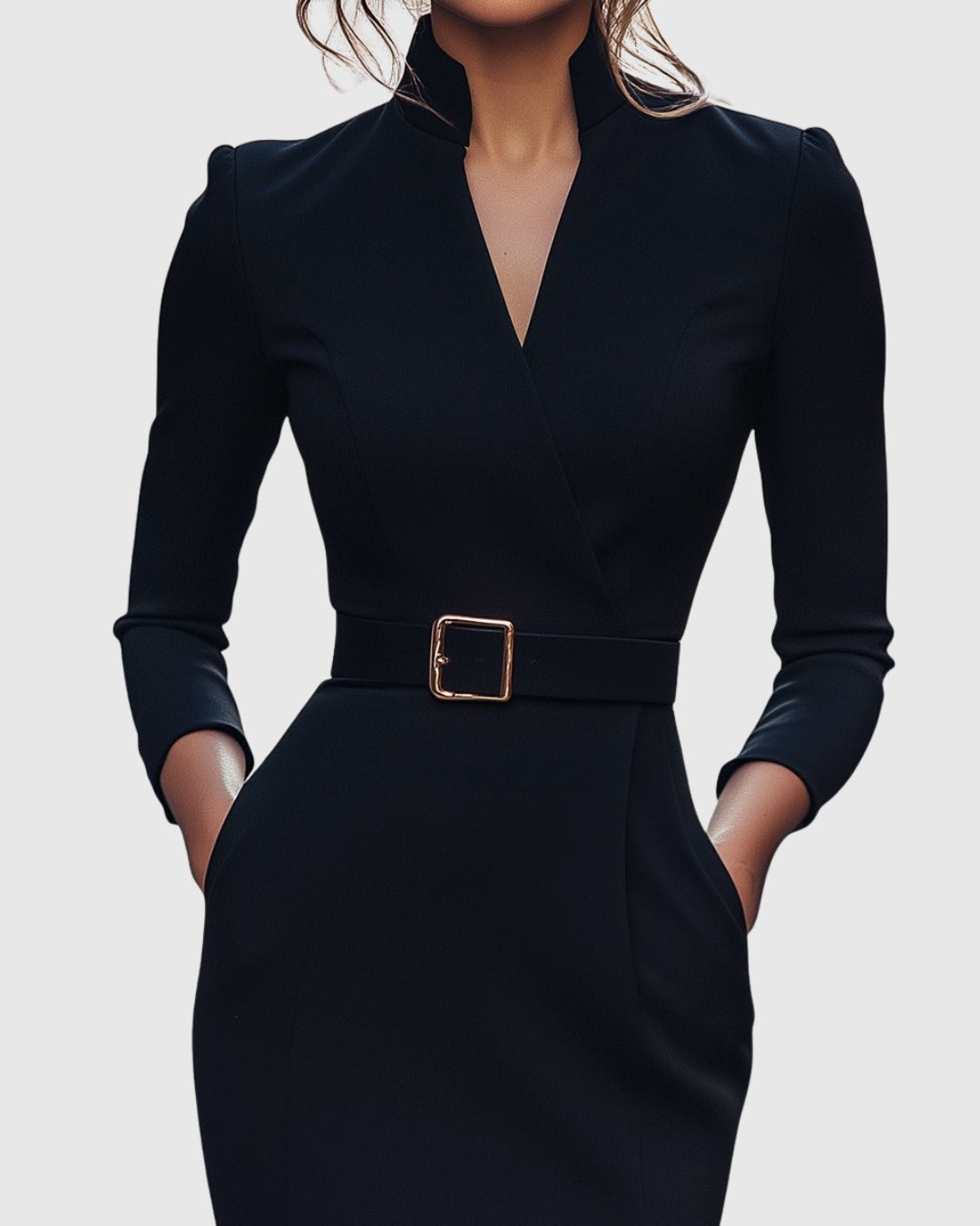Close-up of the stand collar and belt on the Camille women's black bodycon dress