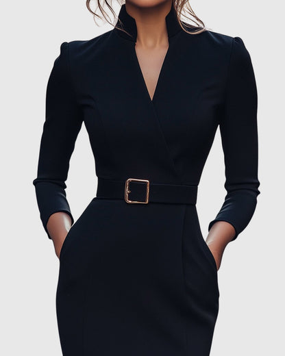 Close-up of the stand collar and belt on the Camille women's black bodycon dress