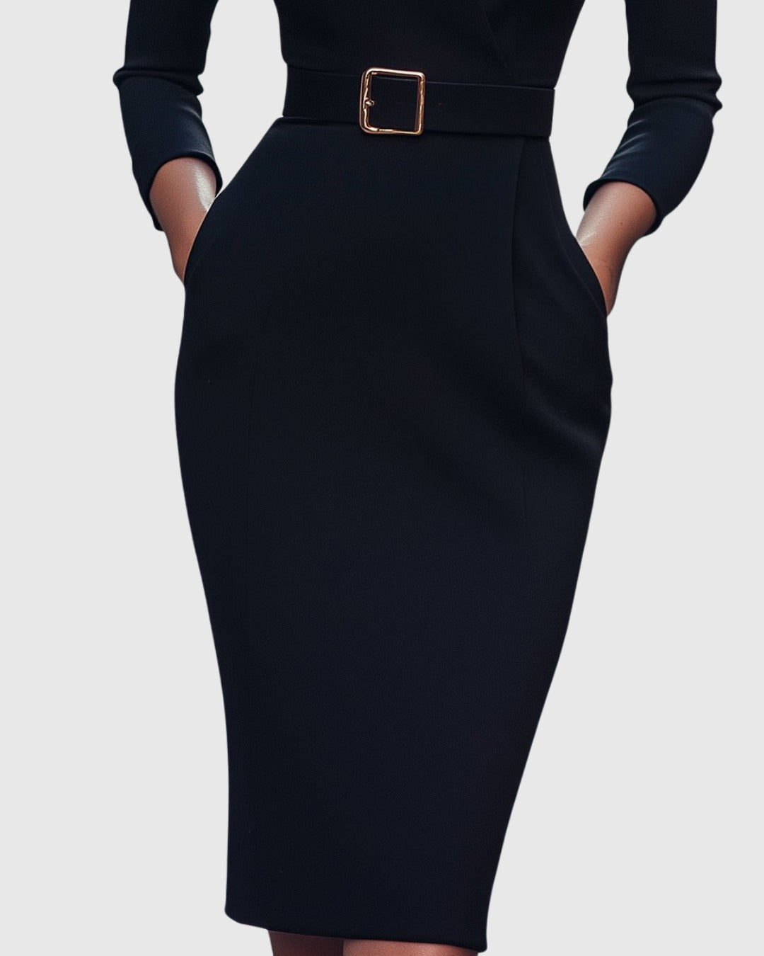 Detail of the belted waist and pencil skirt of the black Camille midi dress