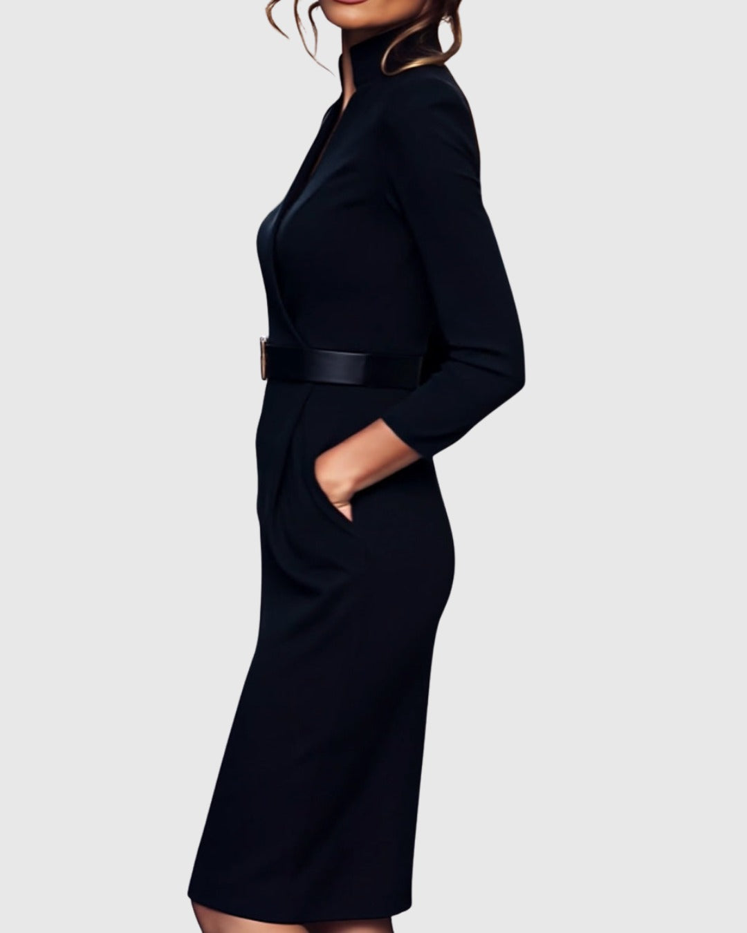 Side view of the Camille women's black cocktail bodycon midi dress