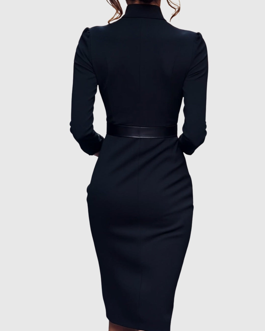 Back view of the Camille women's black cocktail bodycon midi dress