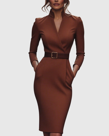 Brick red Camille women's cocktail bodycon midi dress, front view on model