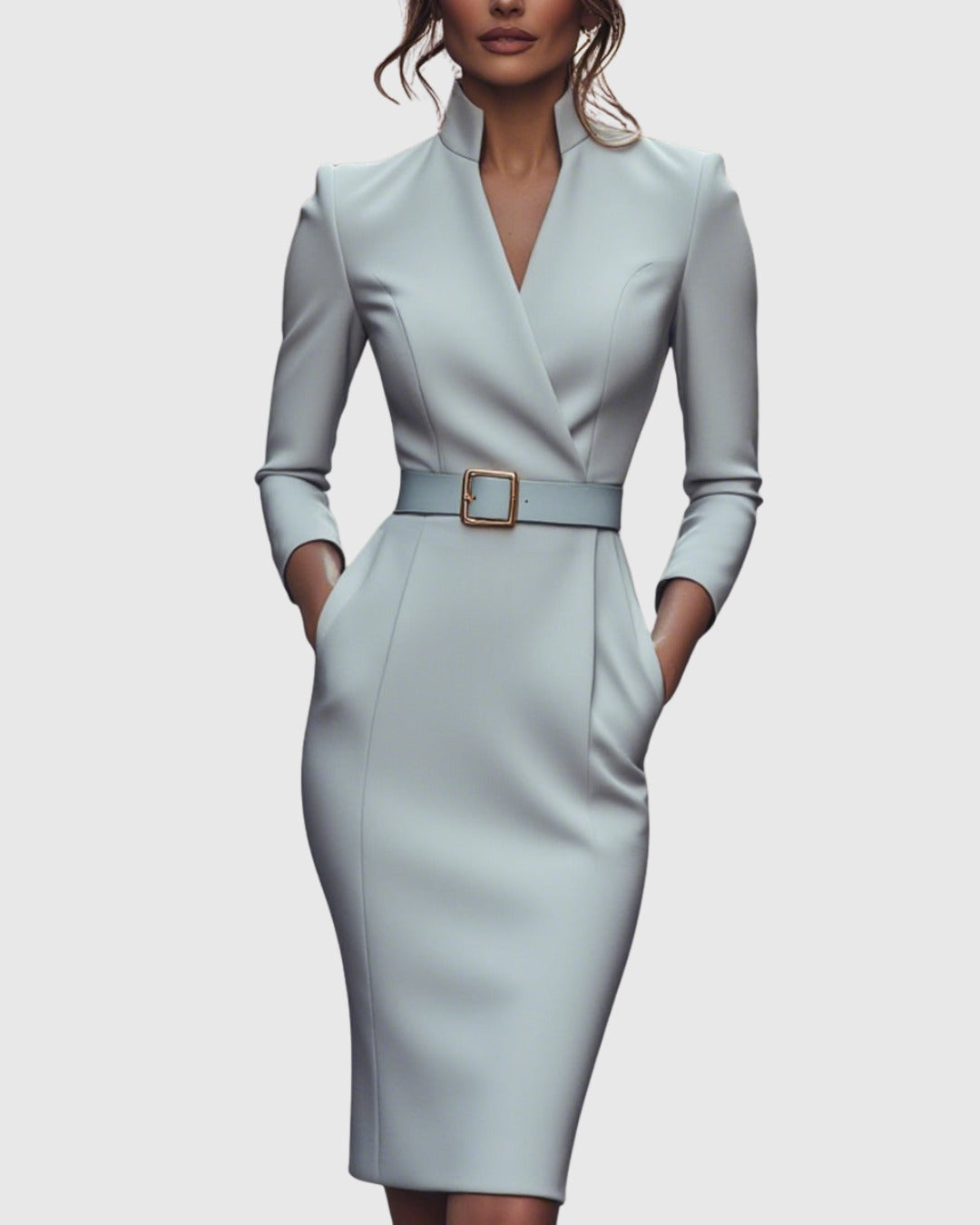 Gray Camille women's cocktail bodycon midi dress, front view with gold belt buckle