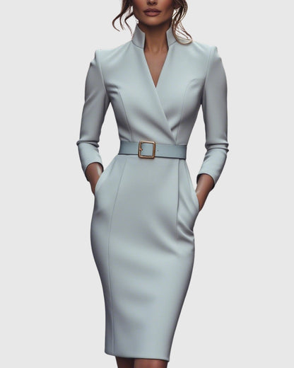 Gray Camille women's cocktail bodycon midi dress, front view with gold belt buckle