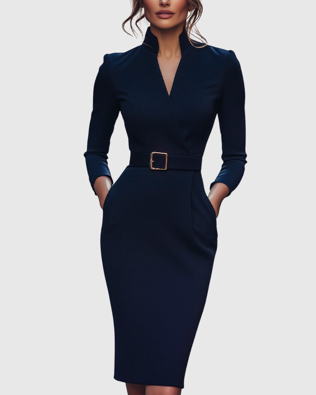 Camille women's cocktail bodycon midi dress in navy blue, front view on model