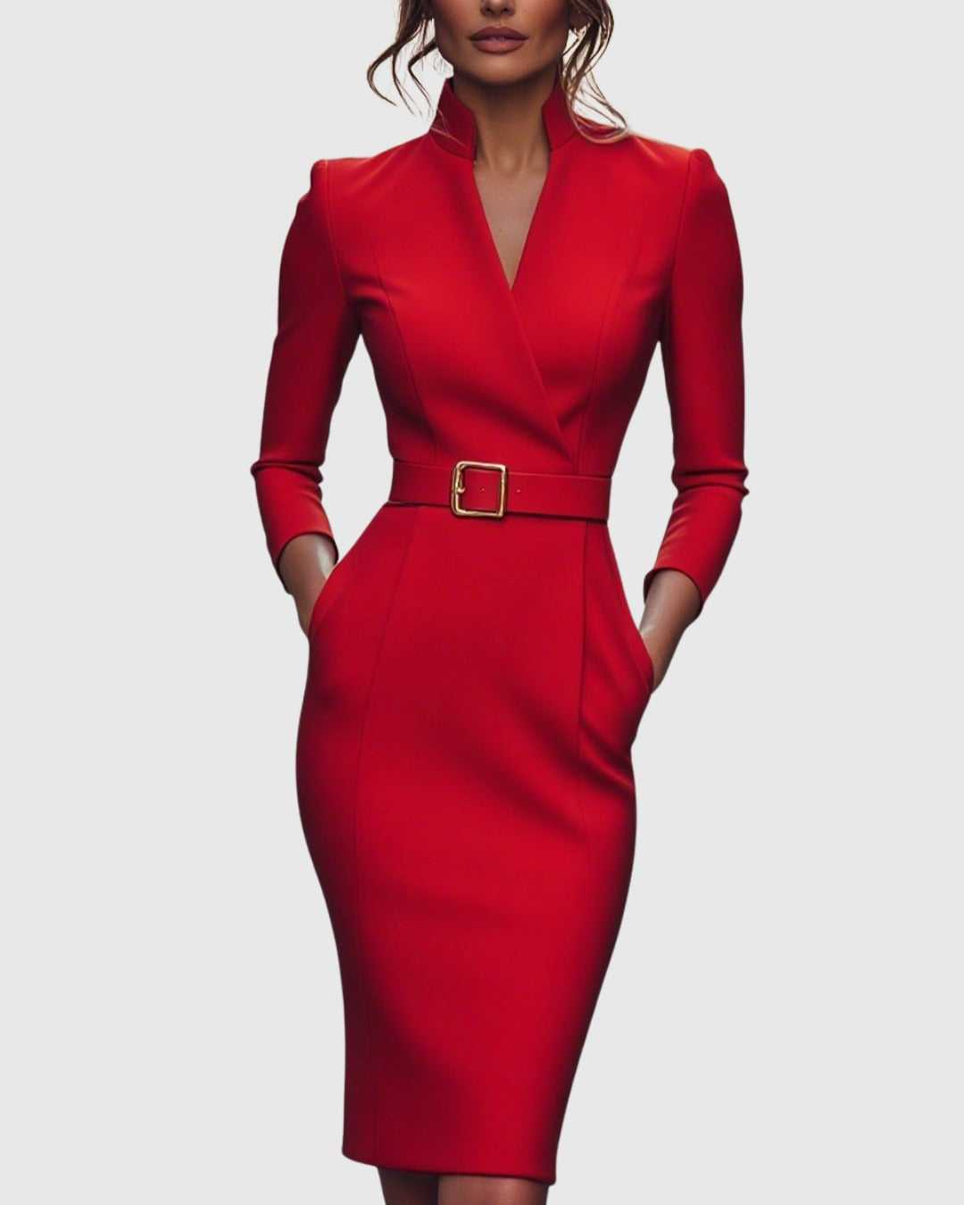 Camille women's cocktail bodycon midi dress in red, full-length front view on model