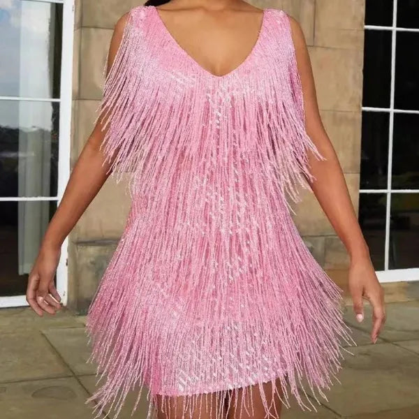 Rosalind cocktail bodycon mini dress in pink fringe, front view on model