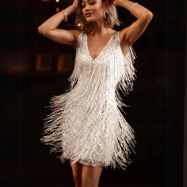 Rosalind women's cocktail bodycon mini dress in white fringe, front view on model