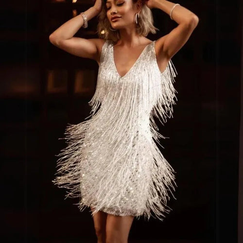 Rosalind women's cocktail bodycon mini dress in white fringe, front view on model