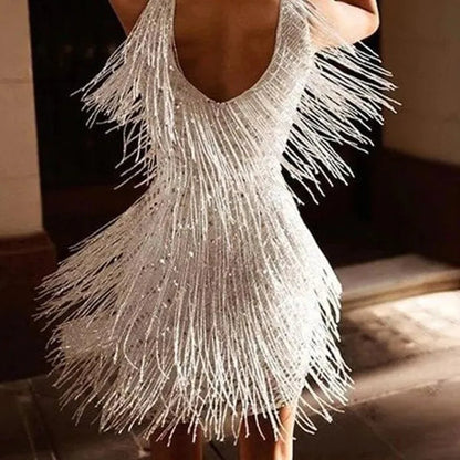 Back view of white Rosalind fringe cocktail mini dress showing the scooped back