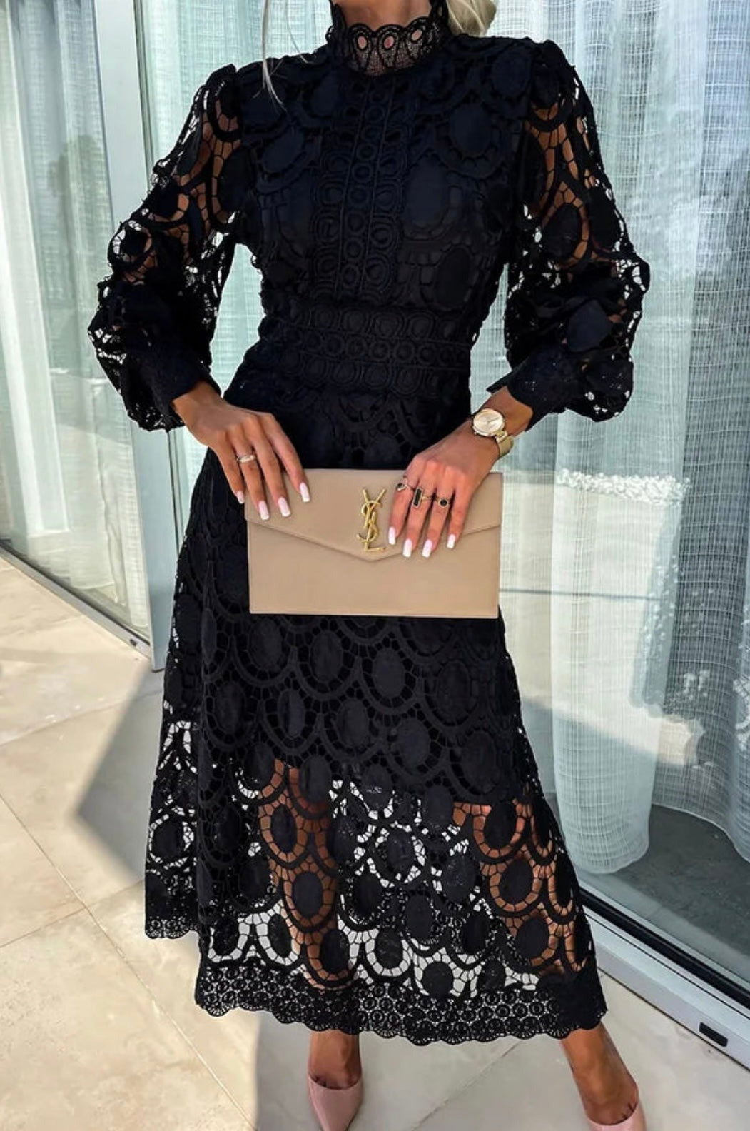 Beatrix women's cocktail lace midi dress in black, front view on model
